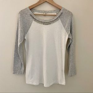 J. Crew Jeweled White and Gray Baseball Tee Size Small Excellent Condition